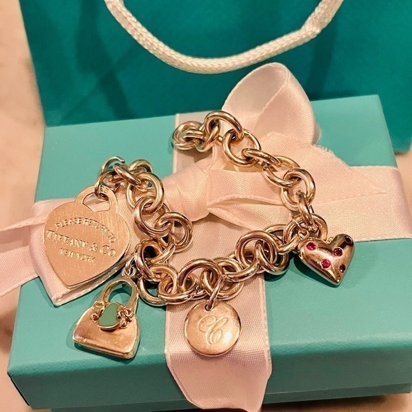 Tiffany & Co. Charm Heart Bracelet w/ Etoile Pink Sapphire & Blue Heart Purse - Picture 2 of 14